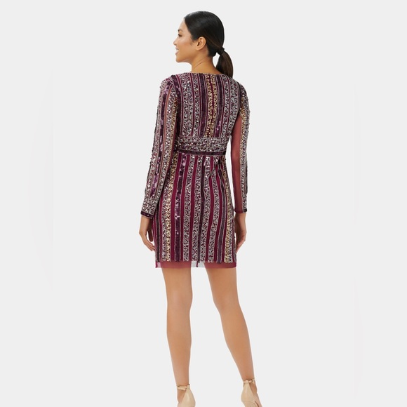 ADRIANNA PAPELL Stripe Bead Sheath Dress cocktail sequin purple 8 long sleeve - Picture 6 of 6